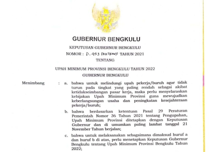 Per 1 Januari 2022, UMP Bengkulu Naik 1,3 Persen