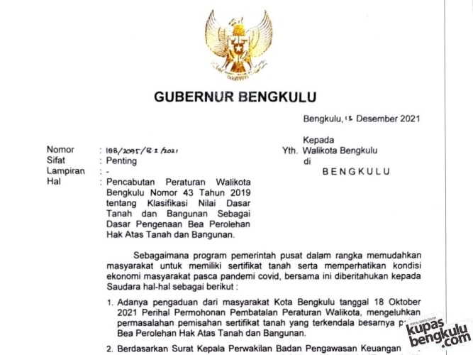Gubernur Bengkulu Surati Walikota Cabut Perwal Nomor 43 Tahun 2019