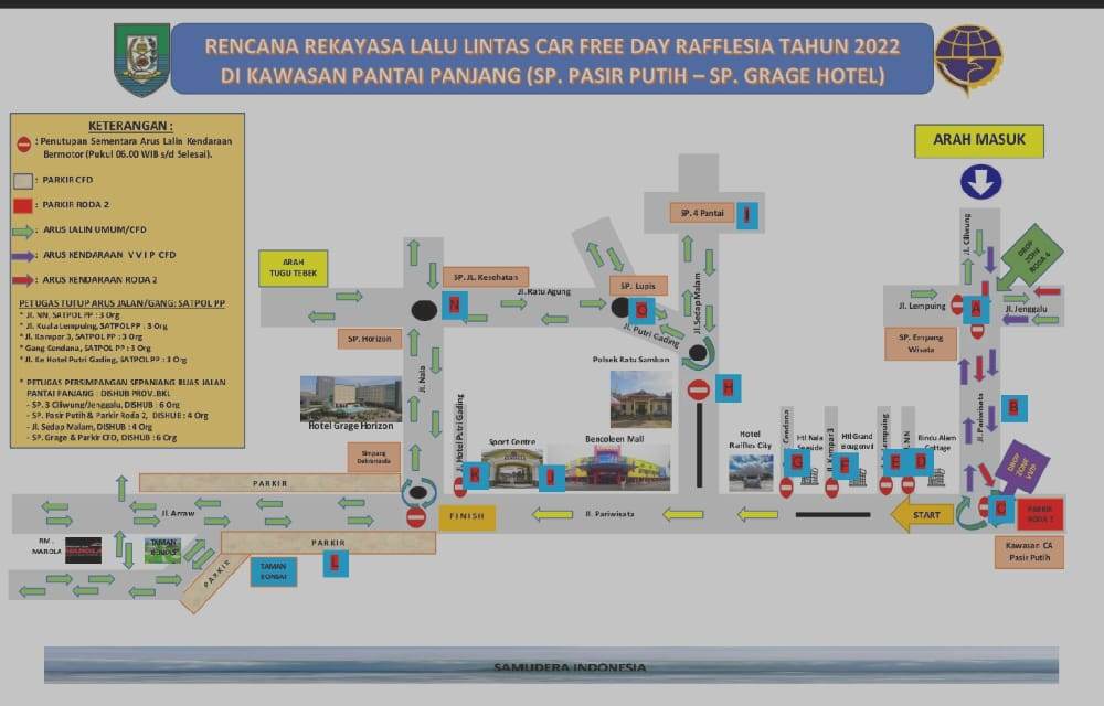 Gambar peta rekayasa lalu lintas pelaksanaan Car Free Day Rafflesia Tahun 2022, Foto: Dok/Tribhrata