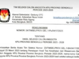 Surat Pengumuman Timsel KPU Provinsi Bengkulu, Foto: Dok
