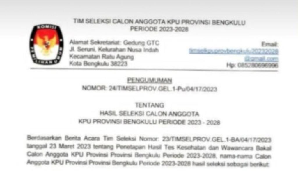 Surat Pengumuman Timsel KPU Provinsi Bengkulu, Foto: Dok